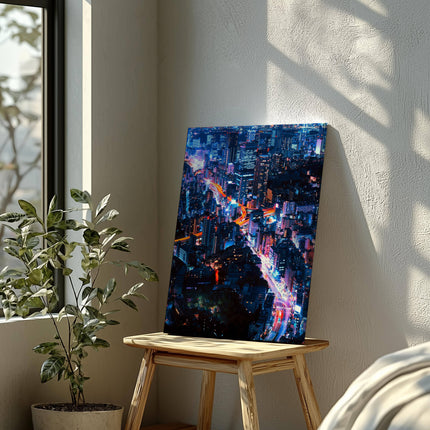 Neon Lights Cityscape NYC - Framed Canvas Wall Art Print