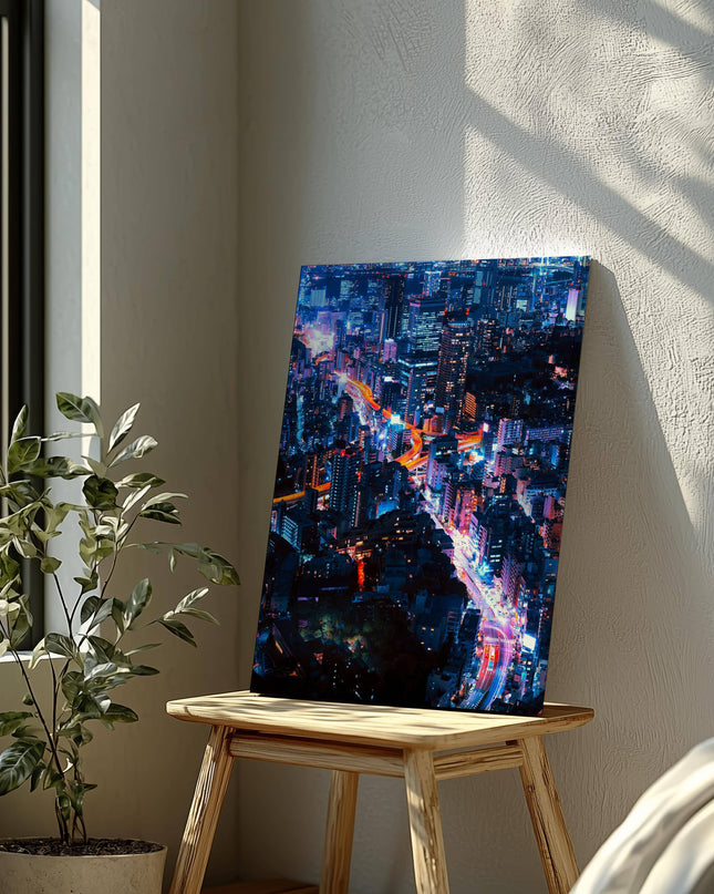 Neon Lights Cityscape NYC - Framed Canvas Wall Art Print