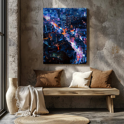 Neon Lights Cityscape NYC - Framed Canvas Wall Art Print