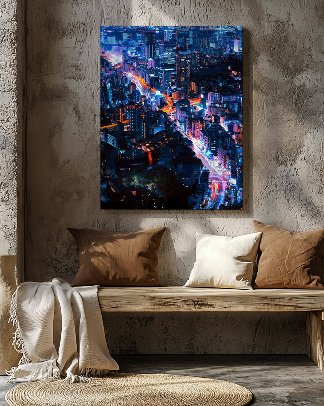 Neon Lights Cityscape NYC - Framed Canvas Wall Art Print