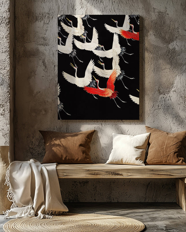 Furisode with a Myriad of Flying Cranes - Framed Canvas Wall Art Print