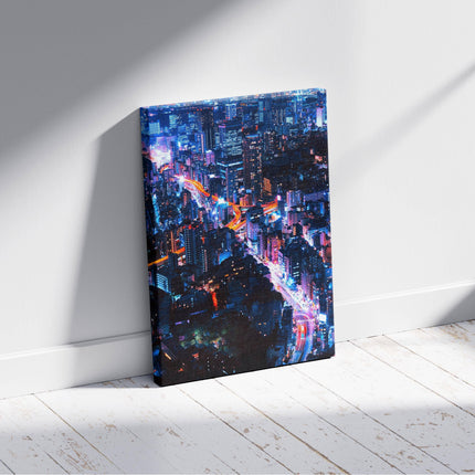 Neon Lights Cityscape NYC - Framed Canvas Wall Art Print