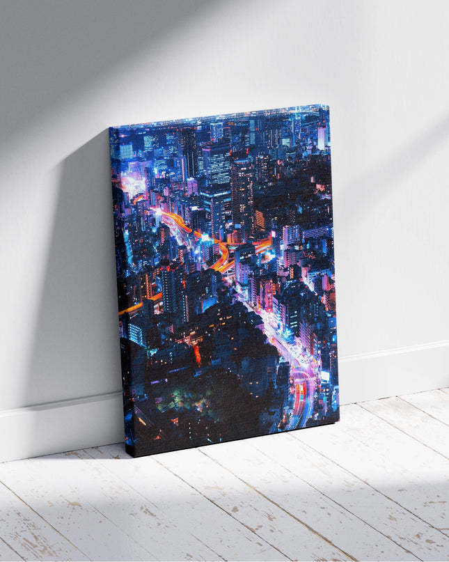 Neon Lights Cityscape NYC - Framed Canvas Wall Art Print