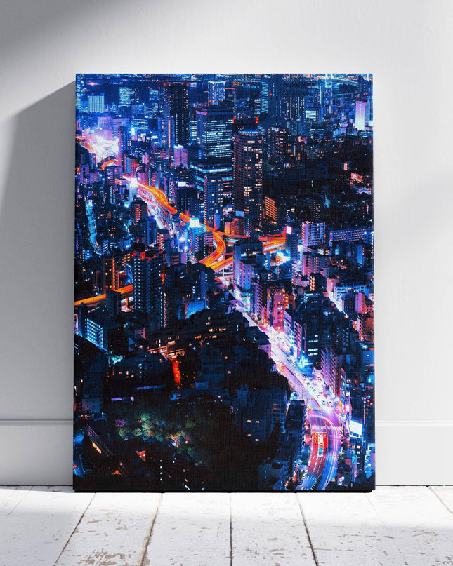 Neon Lights Cityscape NYC - Framed Canvas Wall Art Print