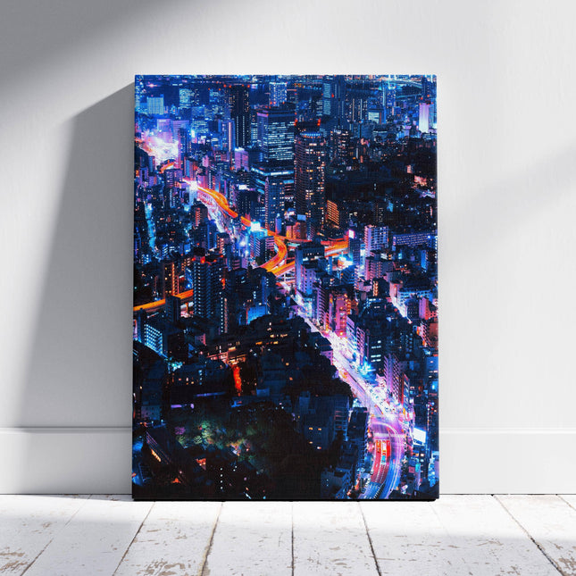 Neon Lights Cityscape NYC - Framed Canvas Wall Art Print
