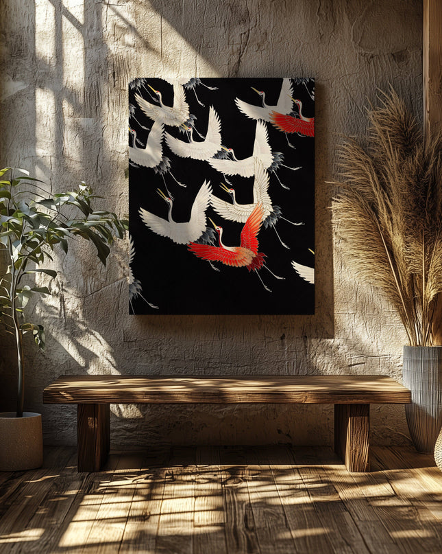 Furisode with a Myriad of Flying Cranes - Framed Canvas Wall Art Print