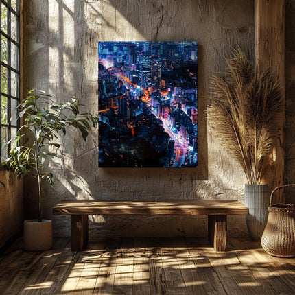 Neon Lights Cityscape NYC - Framed Canvas Wall Art Print