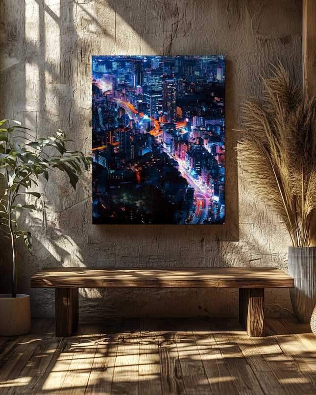 Neon Lights Cityscape NYC - Framed Canvas Wall Art Print