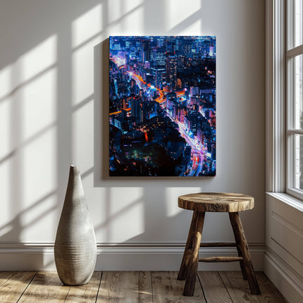 Neon Lights Cityscape NYC - Framed Canvas Wall Art Print