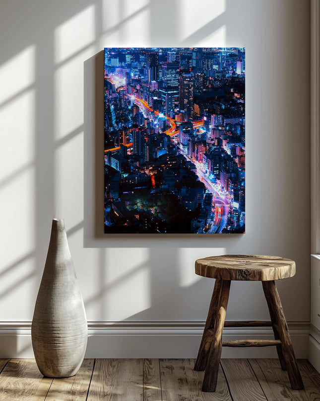 Neon Lights Cityscape NYC - Framed Canvas Wall Art Print
